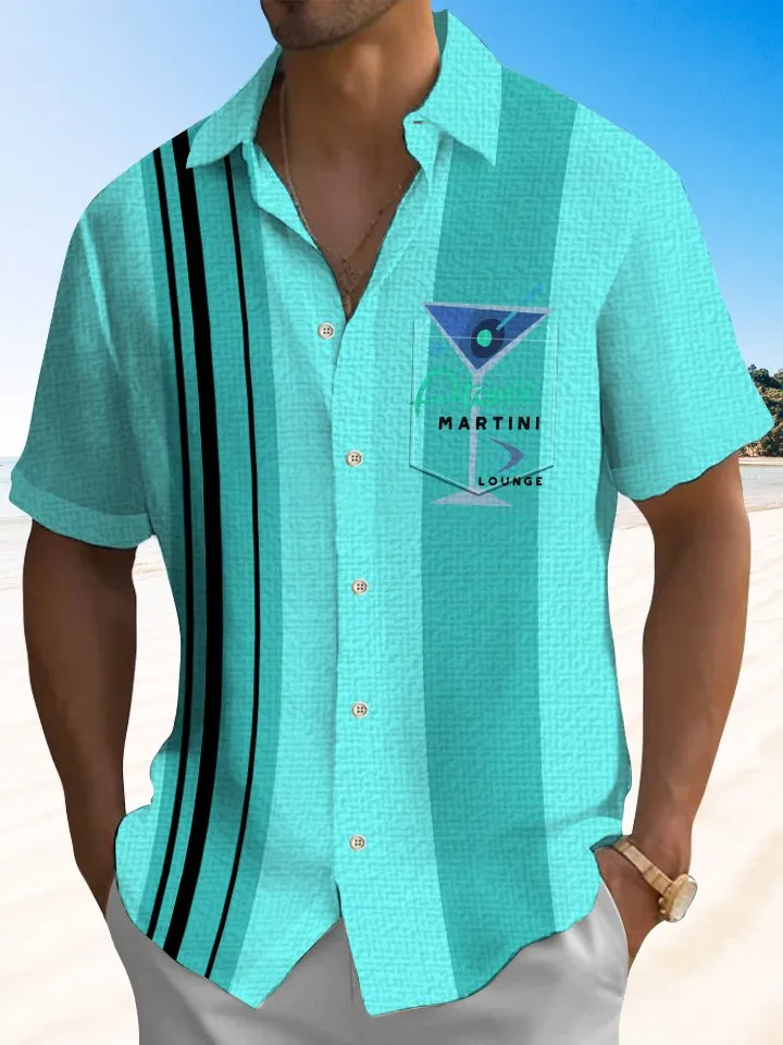 Alohadaddy Cocktail Glass Stripes Men Pocket Button 50S Bowling Commuter Casual Short Sleeve Shirt