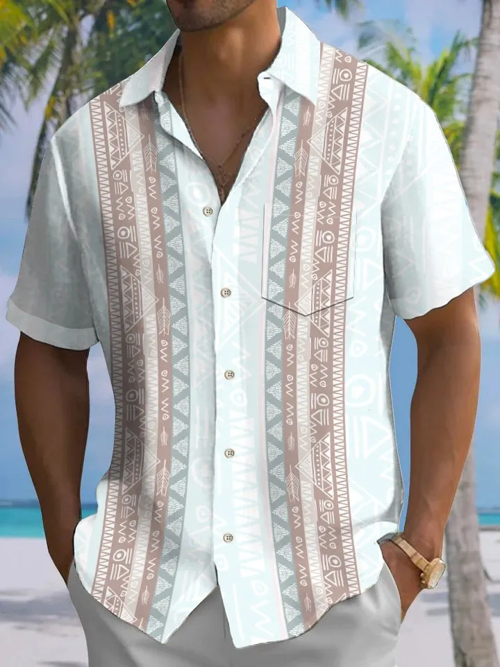Alohadaddy Ethnic Pattern Buttons Pockets Casual 50S Bowling Commuting Short Sleeve Shirt