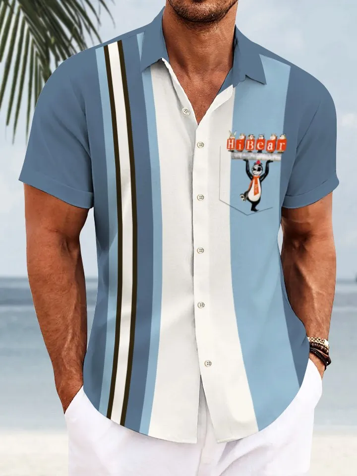 Alohadaddy Funny Animals Bear Stripes Men Pocket Button 50S Bowling Commuter Casual Short Sleeve Shirt