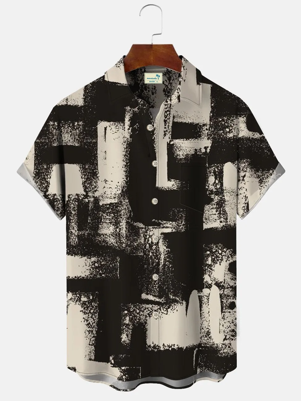 Alohadaddy Geometric Pattern Retro Geometric Men's Pocket Button Casual Short Sleeve Shirt