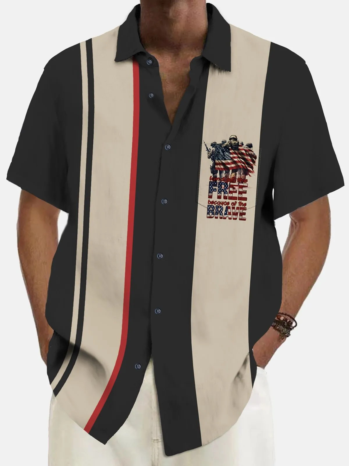 Alohadaddy Holiday Memorial Day Soldier American Flag Print Men's Shirt Easy Care Camping Pocket Shirt Big Tall