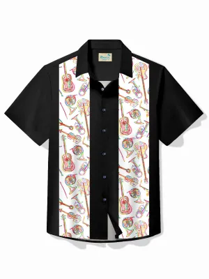 Alohadaddy Men's Vintage Bowling Instrument Guitar Print Casual Hawaiian Short Sleeve Shirt