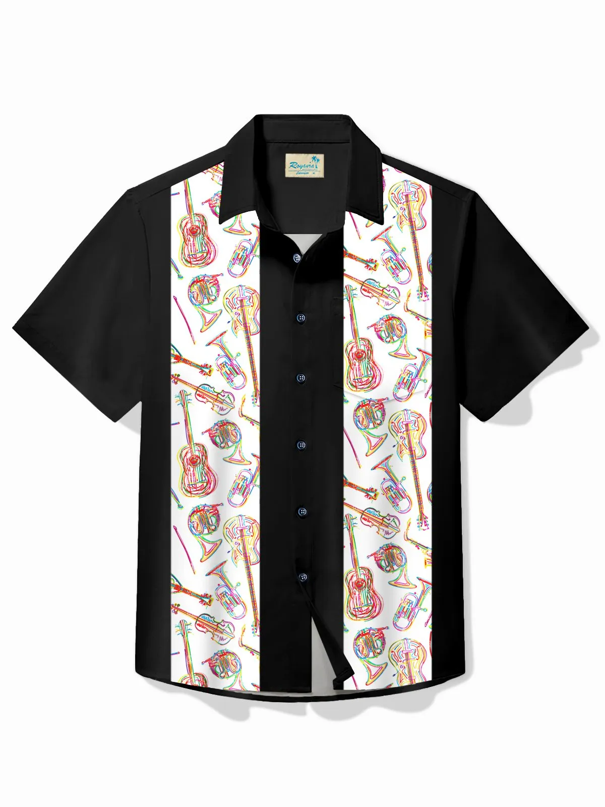 Alohadaddy Men's Vintage Bowling Instrument Guitar Print Casual Hawaiian Short Sleeve Shirt