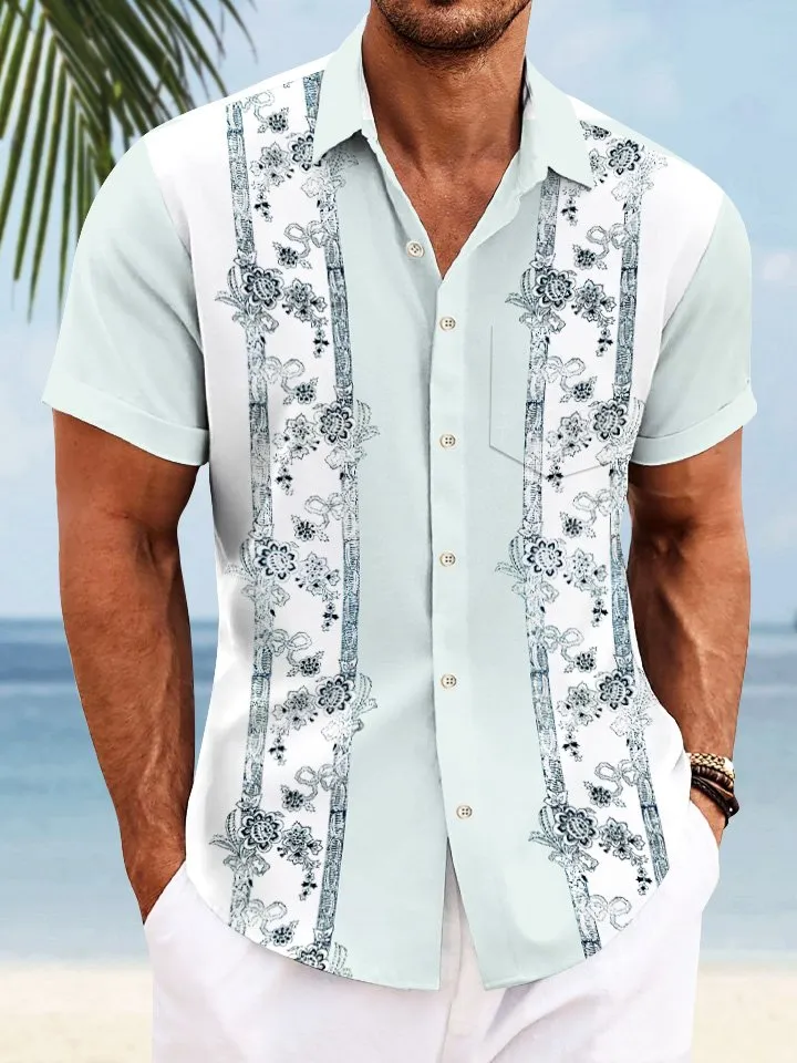 Alohadaddy Plant Leaves Pocket Buttons Casual 50S Bowling Commuter Short Sleeve Shirt