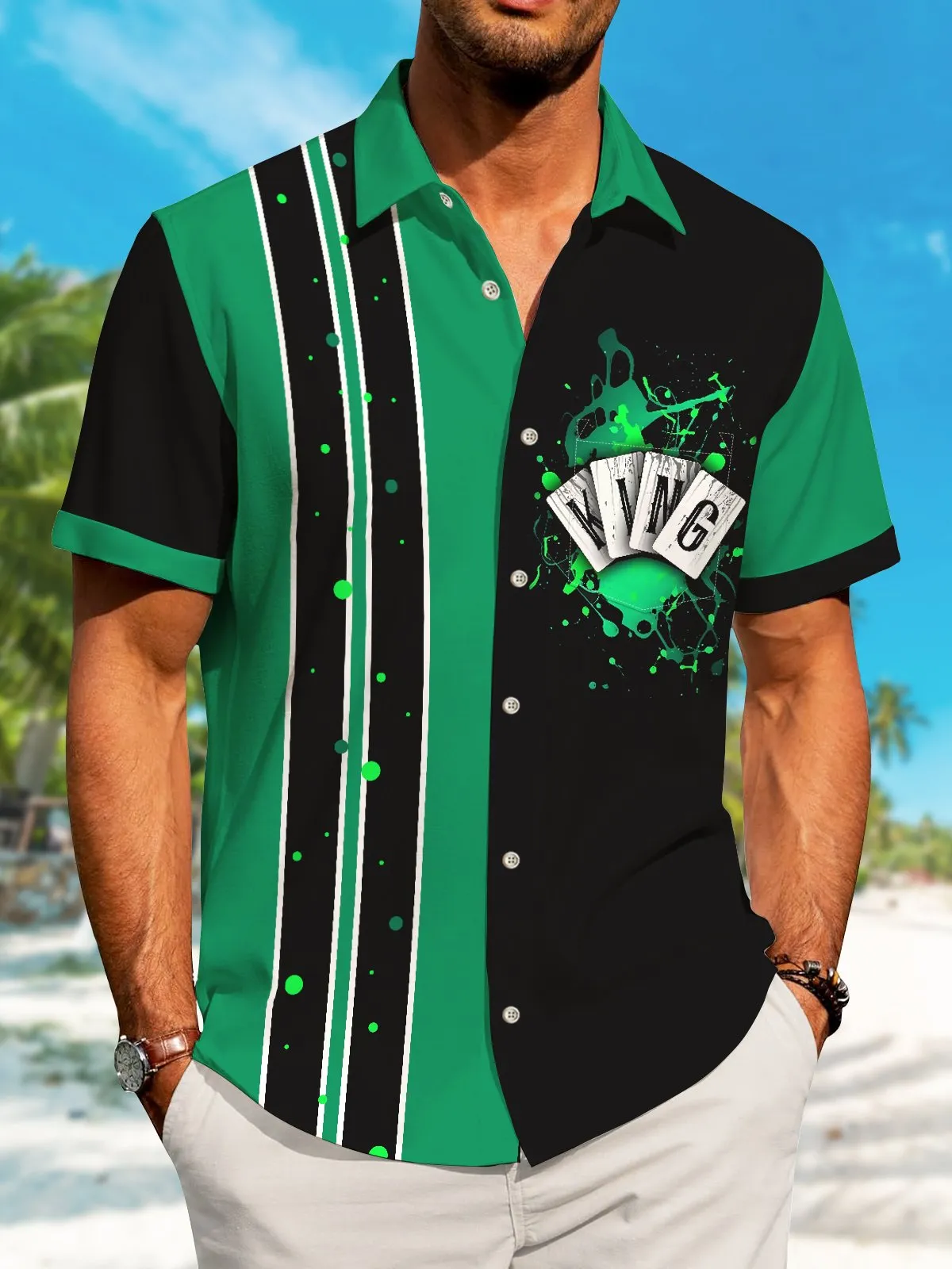 Alohadaddy Poker Contrast Button Pocket Casual Short Sleeve Shirt