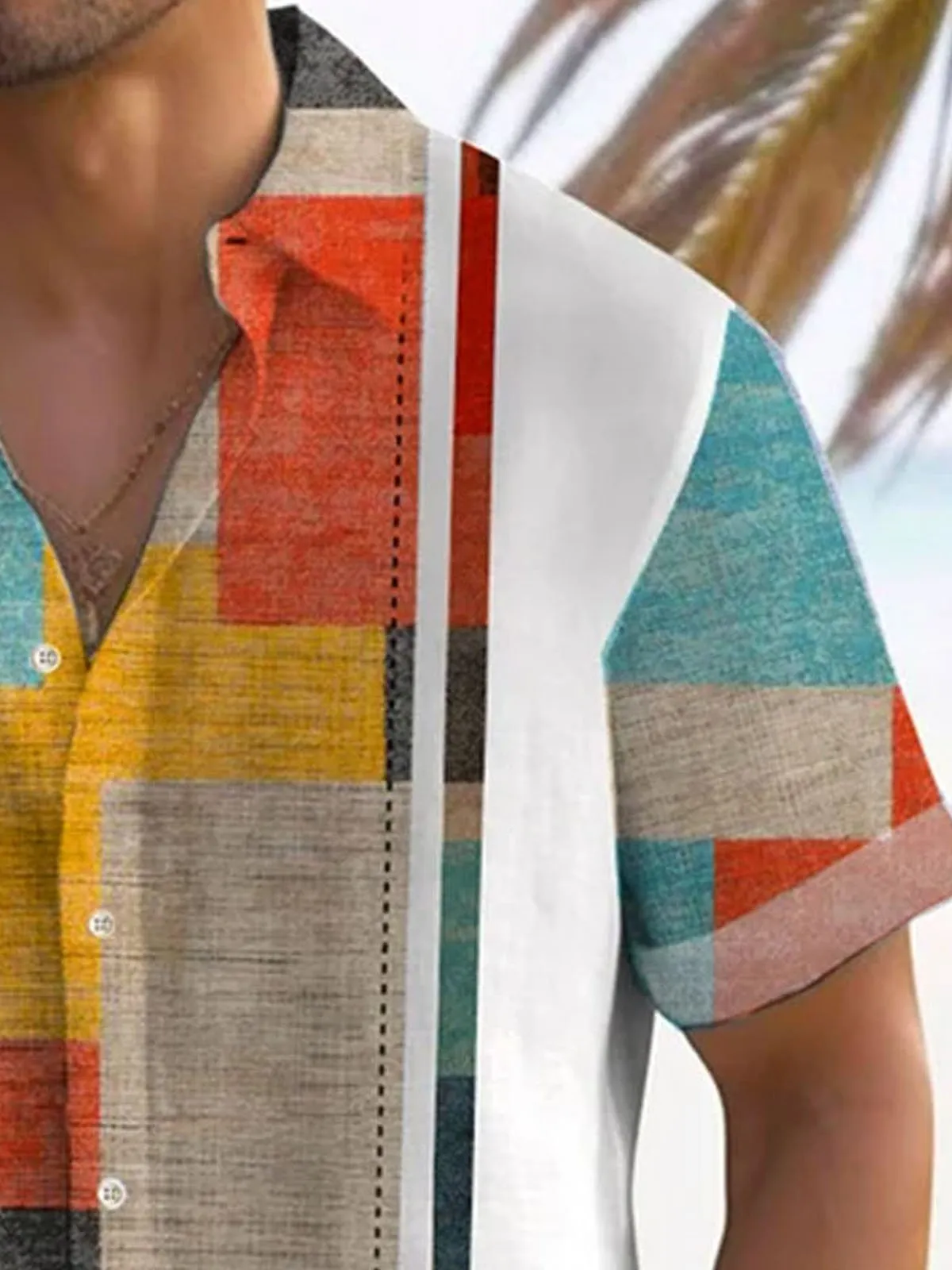 Alohadaddy Retro Bowling Color Block Geometric Texture Print Men's Button Pocket Short Sleeve Shirt