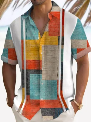 Alohadaddy Retro Bowling Color Block Geometric Texture Print Men's Button Pocket Short Sleeve Shirt