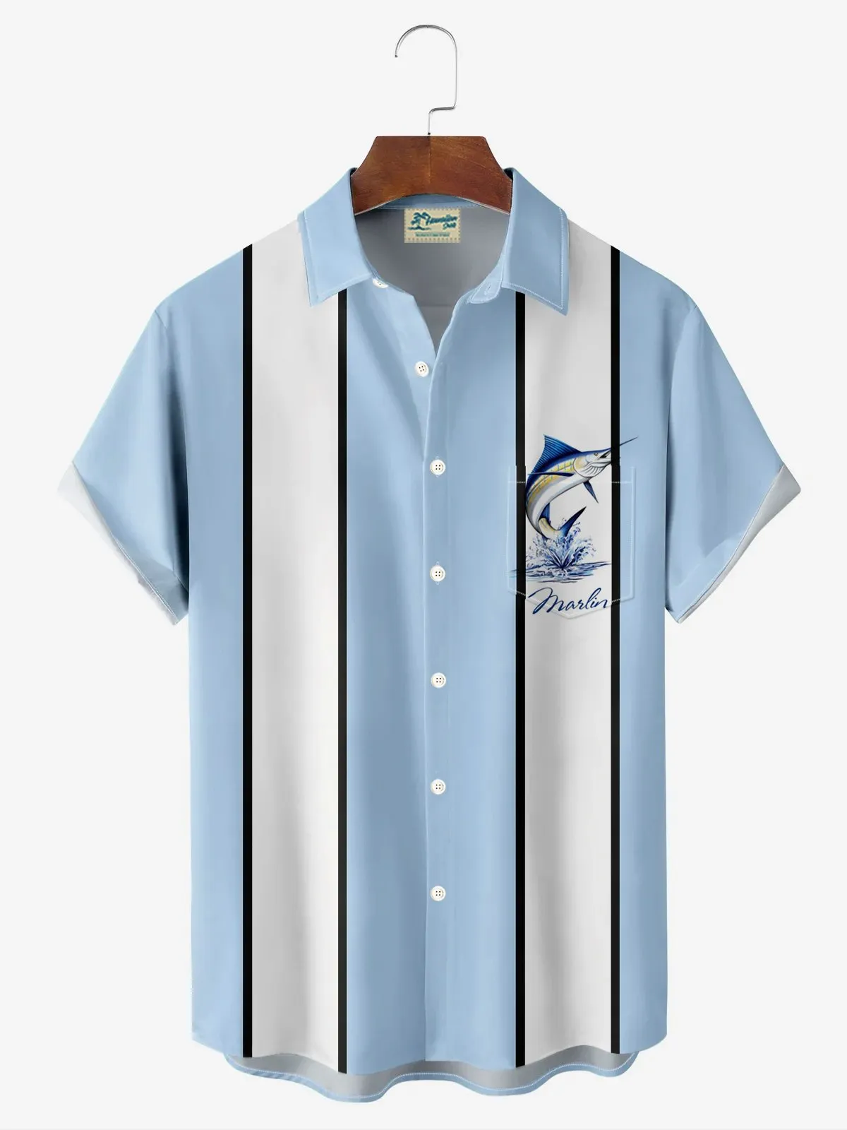 Alohadaddy Retro Bowling Contrast Color Striped Swordfish 3D Print Men's Button Pocket Short Sleeve Shirt Big & Tall