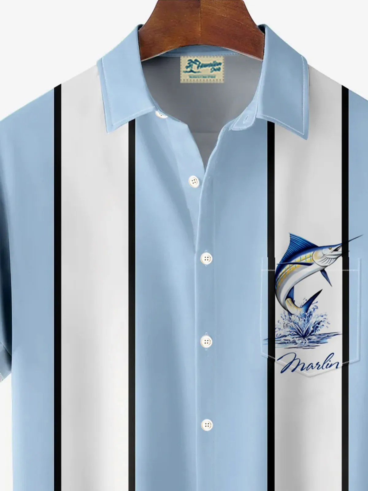 Alohadaddy Retro Bowling Contrast Color Striped Swordfish 3D Print Men's Button Pocket Short Sleeve Shirt Big & Tall