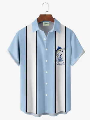 Alohadaddy Retro Bowling Contrast Color Striped Swordfish 3D Print Men's Button Pocket Short Sleeve Shirt Big & Tall