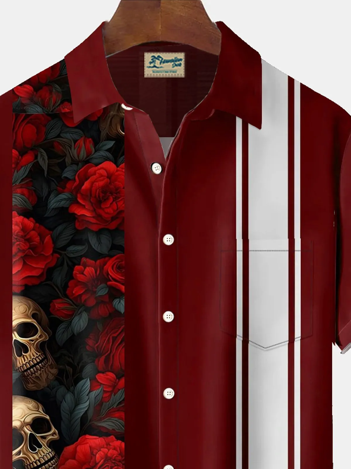 Alohadaddy Retro Bowling Floral Skull Stripe 3D Print Men's Button Pocket Short Sleeve Shirt Big & Tall