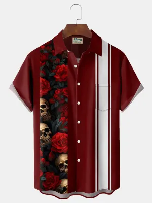 Alohadaddy Retro Bowling Floral Skull Stripe 3D Print Men's Button Pocket Short Sleeve Shirt Big & Tall