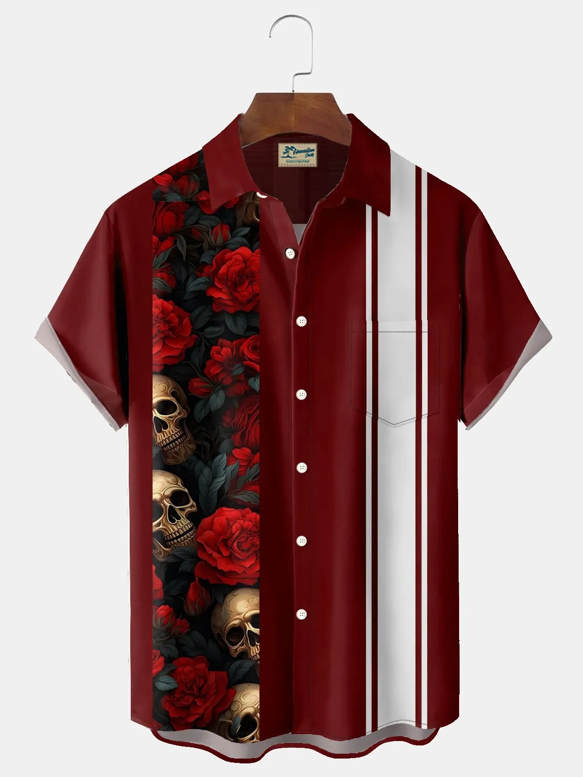 Alohadaddy Retro Bowling Floral Skull Stripe 3D Print Men's Button Pocket Short Sleeve Shirt Big & Tall