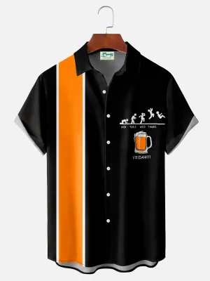 Alohadaddy Retro Bowling Fun Beer 3D Digital Printing Men's Button Pocket Short Sleeve Shirt Big & Tall