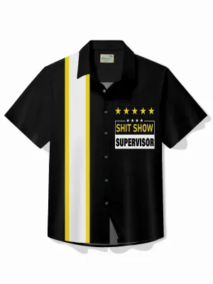 Alohadaddy Retro Bowling Men's Hawaiian Shirt Letter Pentagram Print Pocket Camping Shirt