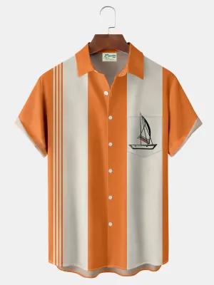 Alohadaddy Retro Bowling Sail Stripe 3D Print Men's Button Pocket Short Sleeve Shirt Big & Tall