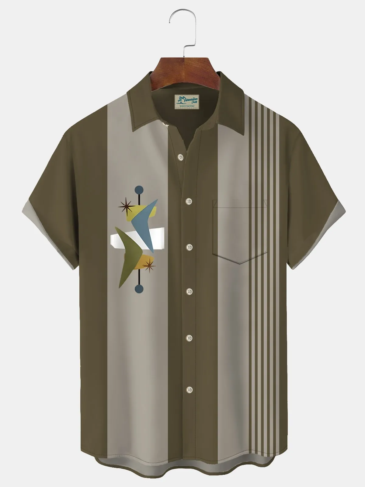 Alohadaddy Retro Geometric Bowling Stripe Print Men's Button Pocket Shirt