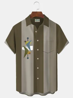 Alohadaddy Retro Geometric Bowling Stripe Print Men's Button Pocket Shirt