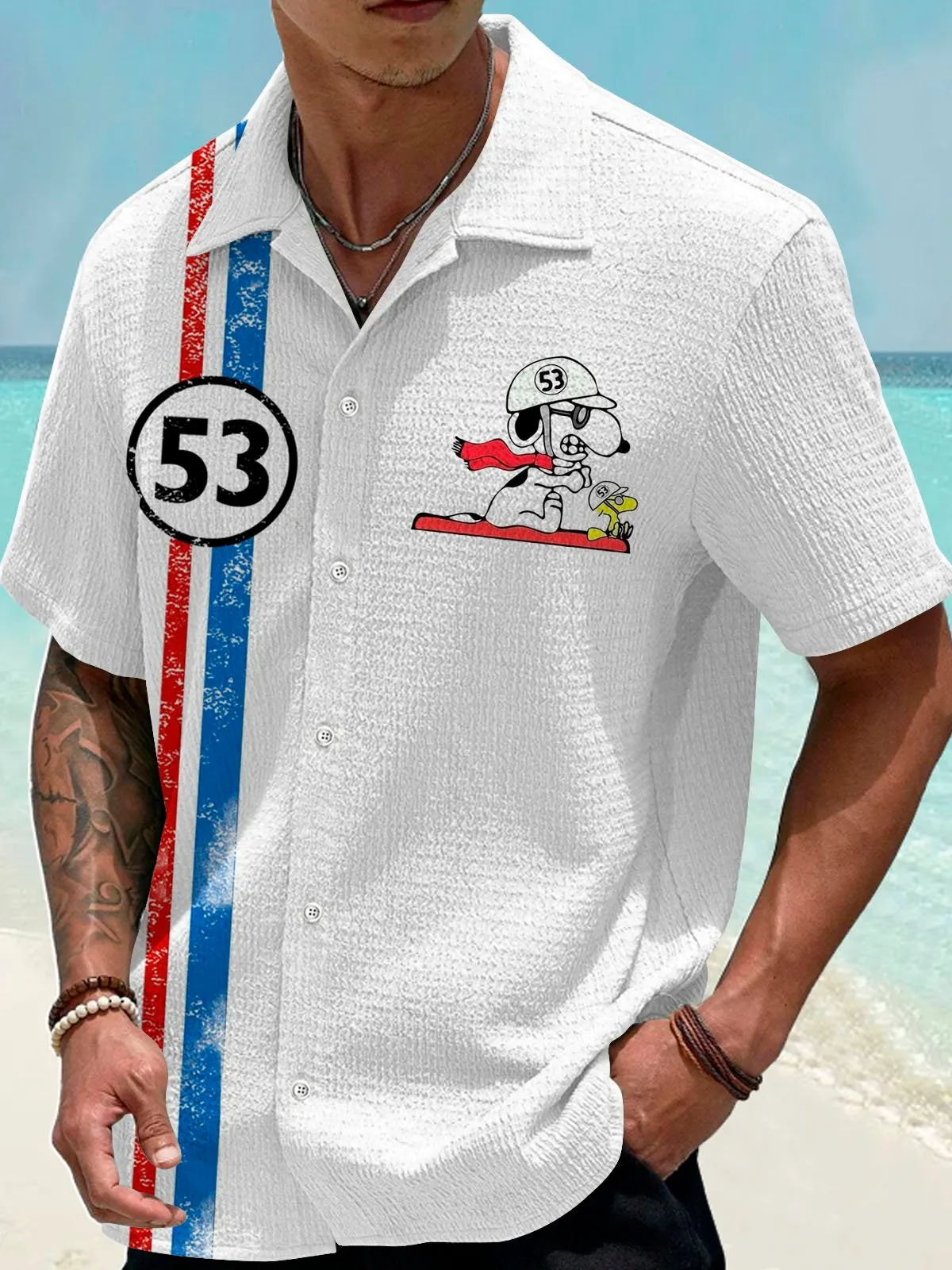 Alohadaddy Retro No. 53 Classic Car 3D Digital Print Men's Button Pocket Short Sleeve Shirt Big & Tall