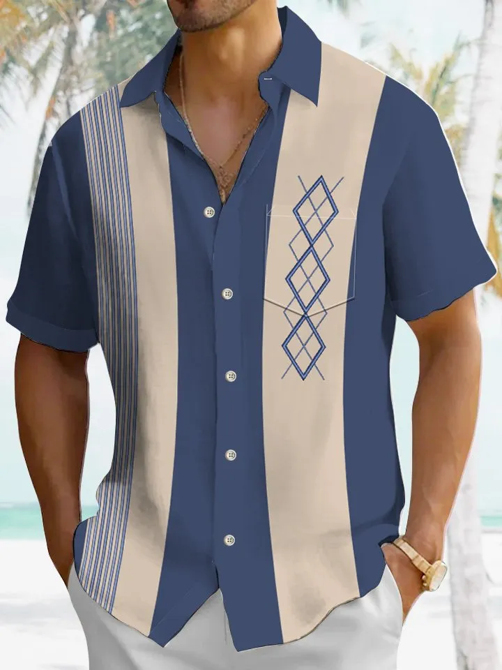 Alohadaddy Summer 3D Geometric Pattern Stripes Buttons Pockets Casual Commuter Men's Short Sleeve Shirt
