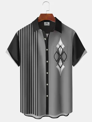 Alohadaddy Summer Ethnic Style Geometric Pattern Pocket Button Casual Vacation Men's 50s Vintage Bowling Shirt Short Sleeve Shirt