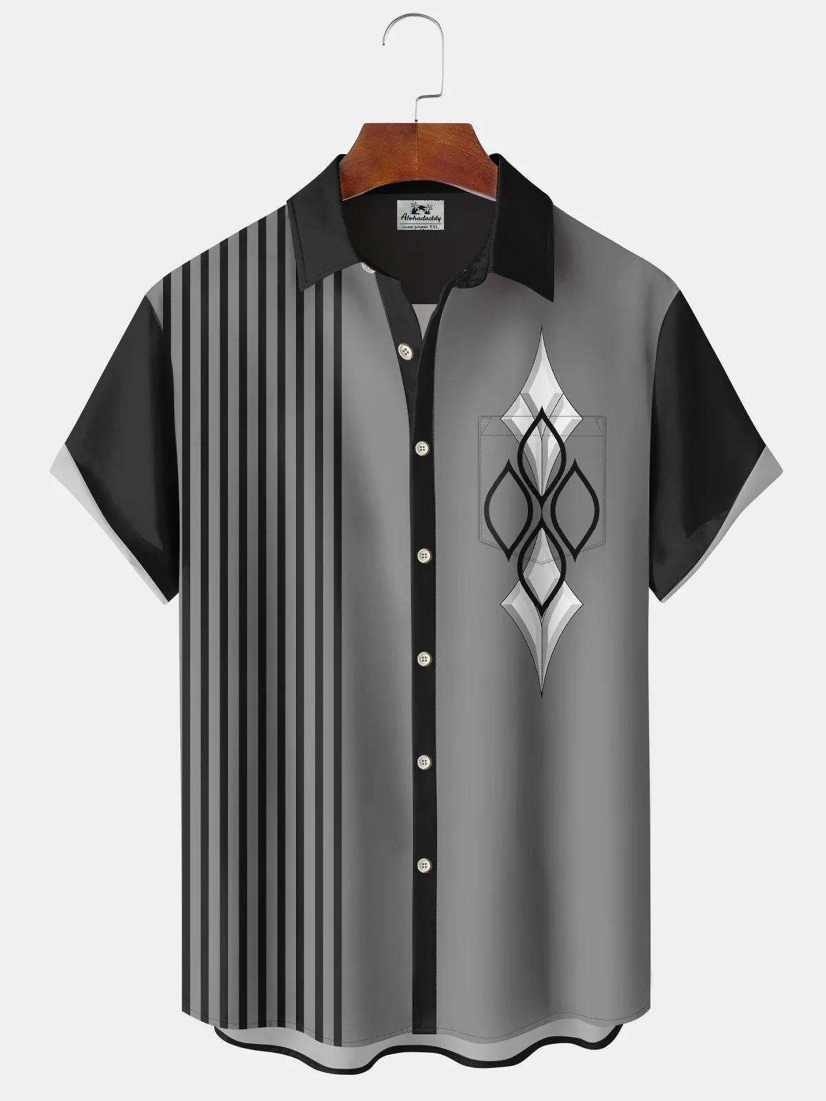 Alohadaddy Summer Ethnic Style Geometric Pattern Pocket Button Casual Vacation Men's 50s Vintage Bowling Shirt Short Sleeve Shirt
