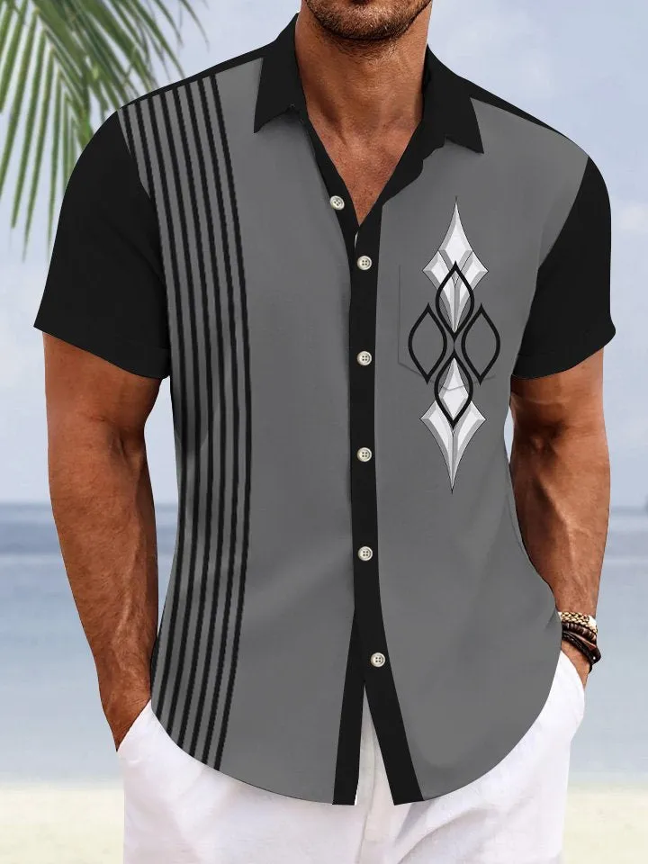 Alohadaddy Summer Ethnic Style Geometric Pattern Pocket Button Casual Vacation Men's 50s Vintage Bowling Shirt Short Sleeve Shirt
