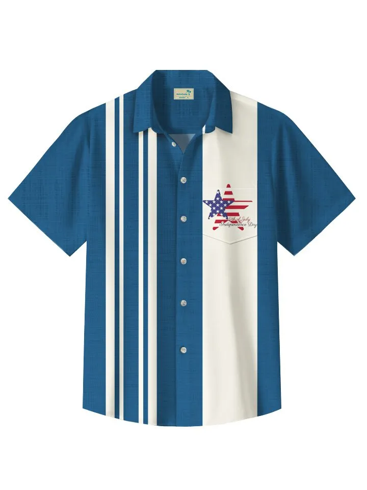 Alohadaddy Summer Independence Day Flag Commuting Casual 50s Vintage Bowling Shirt