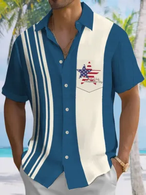 Alohadaddy Summer Independence Day Flag Commuting Casual 50s Vintage Bowling Shirt