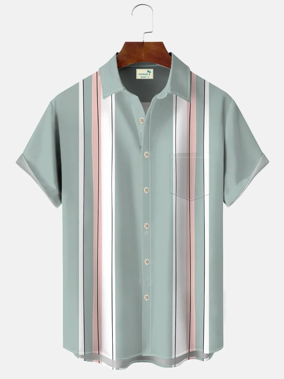 Alohadaddy Summer Lines Contrast Color Buttons Pockets Leisure Vacation Men's 50S Bowling Commuter Short Sleeve Shirt