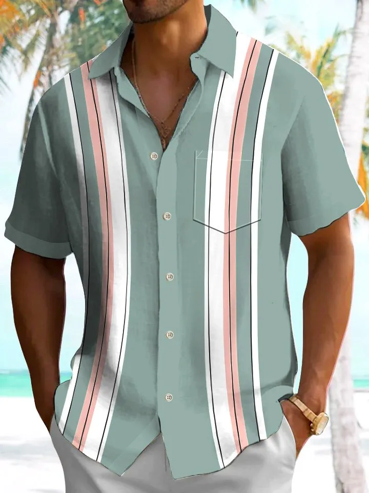 Alohadaddy Summer Lines Contrast Color Buttons Pockets Leisure Vacation Men's 50S Bowling Commuter Short Sleeve Shirt