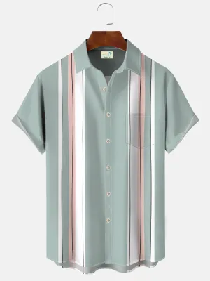 Alohadaddy Summer Lines Contrast Color Buttons Pockets Leisure Vacation Men's 50S Bowling Commuter Short Sleeve Shirt