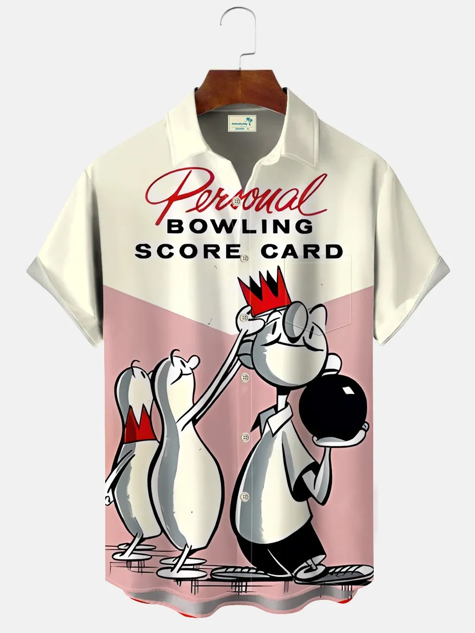 Alohadaddy Summer Retro Bowling Animation Art Men's Casual Pocket Button Short Sleeve Shirt