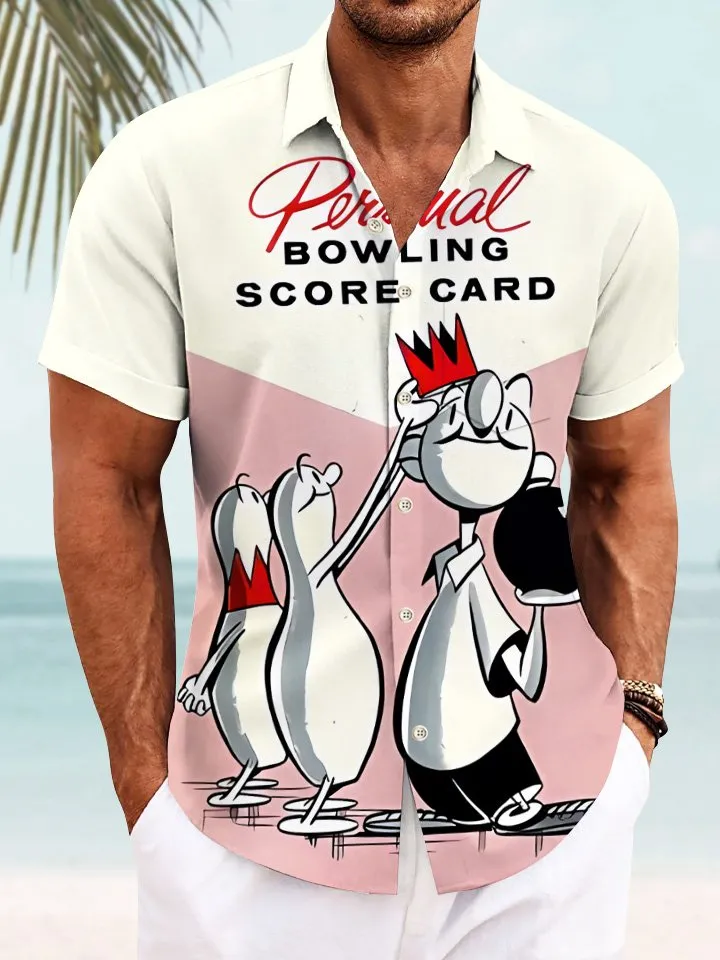 Alohadaddy Summer Retro Bowling Animation Art Men's Casual Pocket Button Short Sleeve Shirt