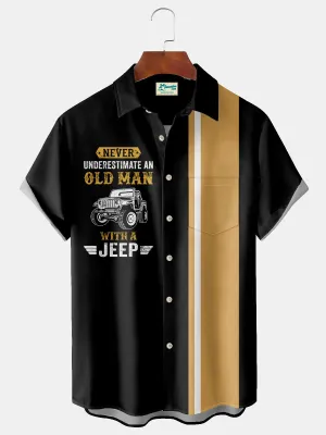Alohadaddy Vintage Bowling Car Print Men's Chest Pocket Stretch Shirt Big Tall