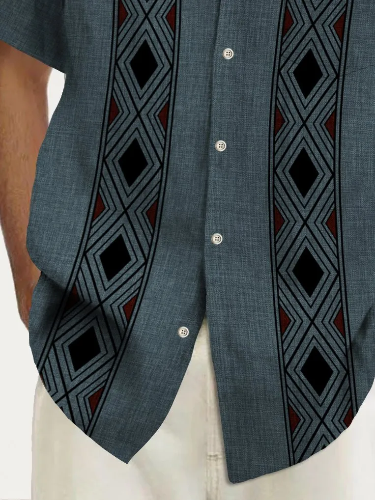 Alohadaddy Vintage Bowling Geometric Stripe Print Men's Chest Pocket Stretch Hawaiian Shirt