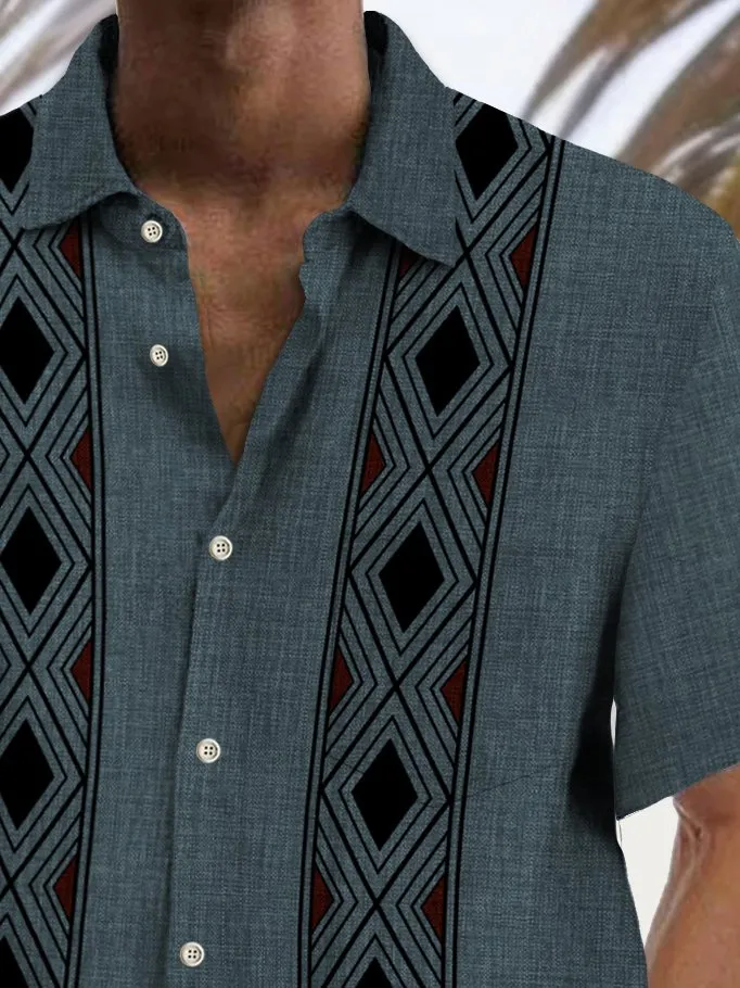 Alohadaddy Vintage Bowling Geometric Stripe Print Men's Chest Pocket Stretch Hawaiian Shirt