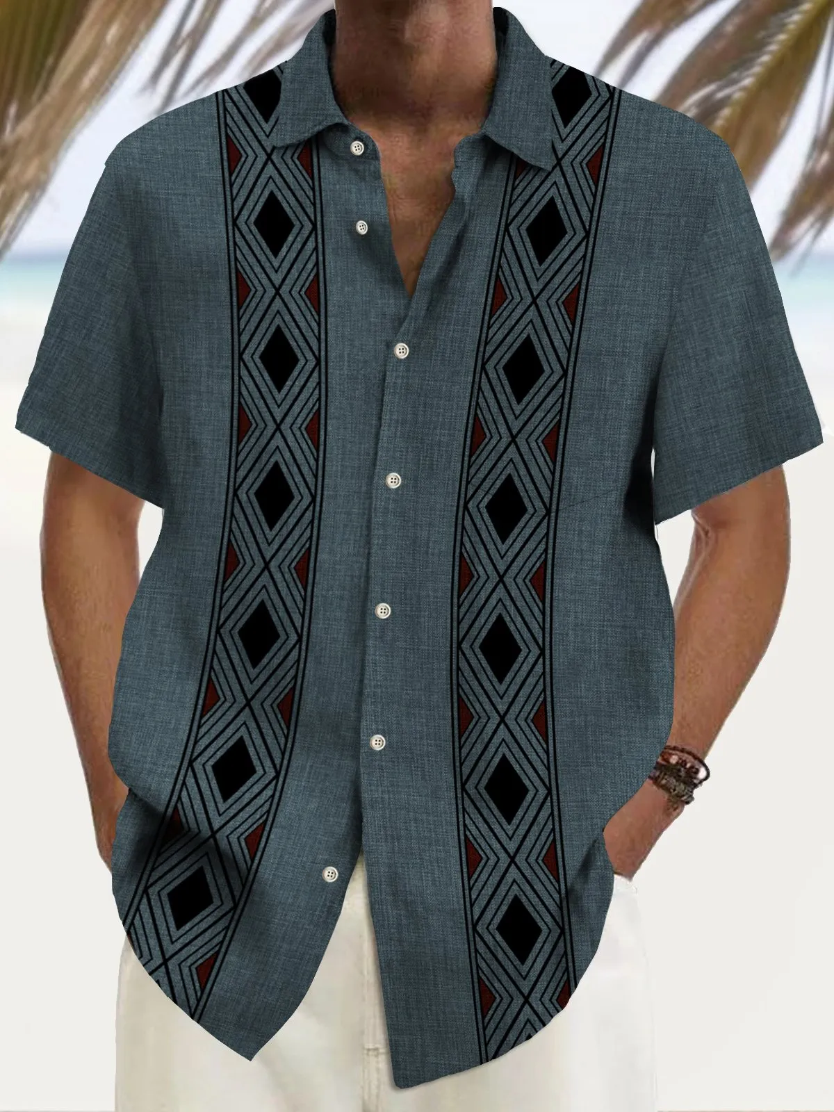 Alohadaddy Vintage Bowling Geometric Stripe Print Men's Chest Pocket Stretch Hawaiian Shirt