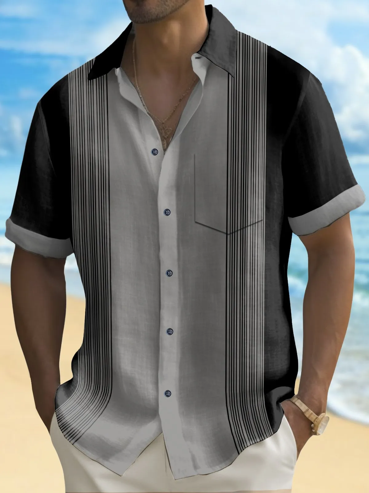 Alohadaddy Vintage Bowling Line Print Chest Pocket Shirt Plus Size Men's Shirt Big Tall
