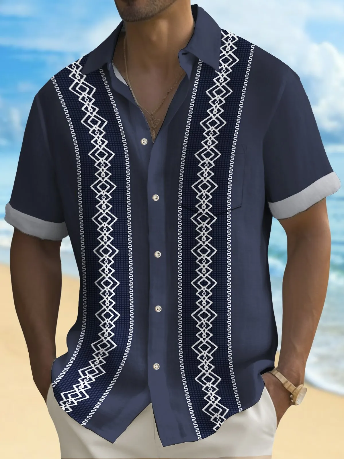 Alohadaddy Vintage Bowling Men's Hawaiian Shirt Guayabera Print Pocket Camping Shirt