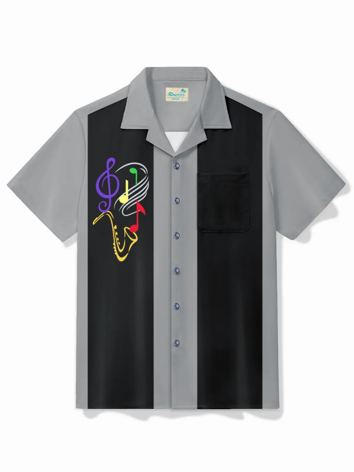 Alohadaddy Vintage Bowling Music Line Print Chest Pocket Shirt Plus Size Men's Shirt