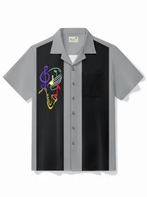 Alohadaddy Vintage Bowling Music Line Print Chest Pocket Shirt Plus Size Men's Shirt