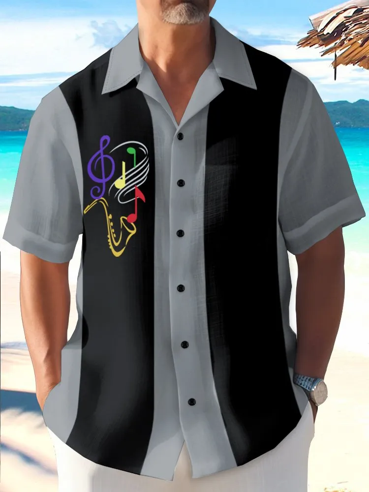 Alohadaddy Vintage Bowling Music Line Print Chest Pocket Shirt Plus Size Men's Shirt