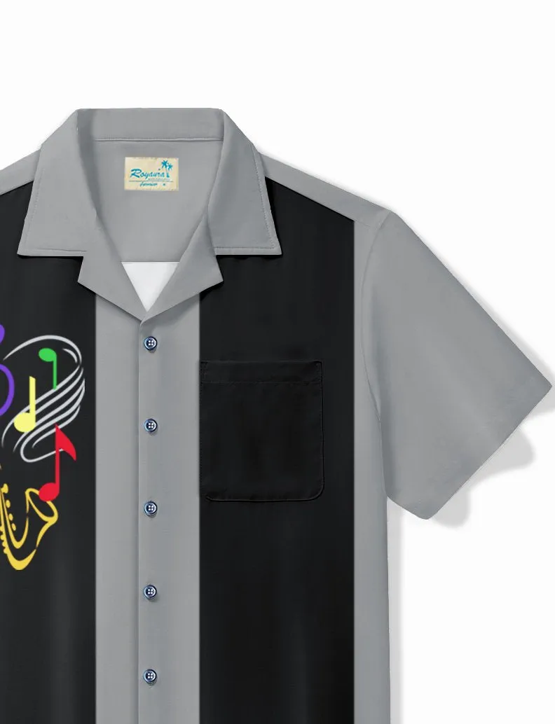 Alohadaddy Vintage Bowling Music Line Print Chest Pocket Shirt Plus Size Men's Shirt