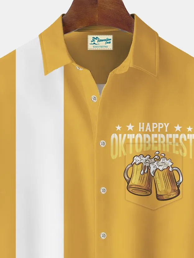Alohadaddy Vintage Bowling Oktoberfest Beer Print Men's Chest Pocket Stretch Shirt Big Tall