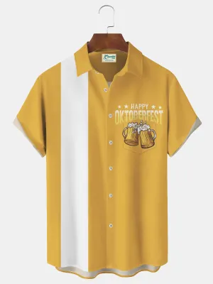 Alohadaddy Vintage Bowling Oktoberfest Beer Print Men's Chest Pocket Stretch Shirt Big Tall