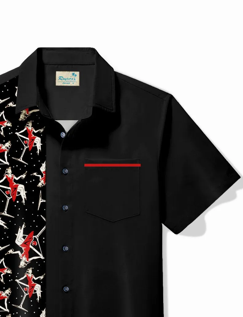 Alohadaddy Vintage Bowling  Pin Up Girl Printed Chest Pocket Shirt Large Size Men's Shirt