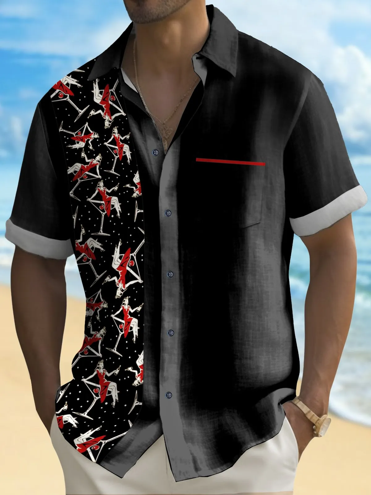 Alohadaddy Vintage Bowling  Pin Up Girl Printed Chest Pocket Shirt Large Size Men's Shirt