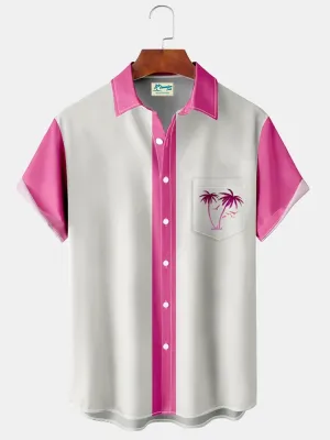 Alohadaddy Vintage Bowling Pink Coconut Tree Print Beach Men's Hawaiian Oversized Short Sleeve Shirt with Pockets