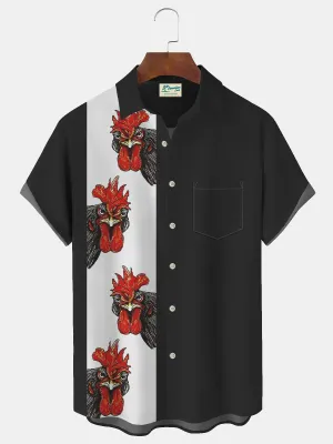 Alohadaddy Vintage Bowling Rooster Print Beach Men's Hawaiian Oversized Short Sleeve Shirt with Pockets